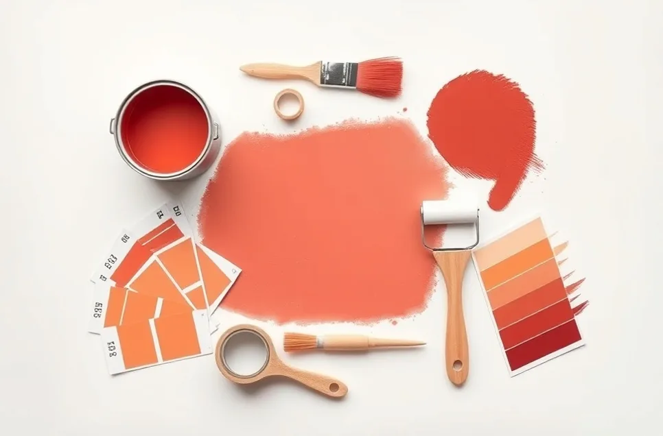Pots de peinture, nuancier, brosses et rouleaux disposés à plat