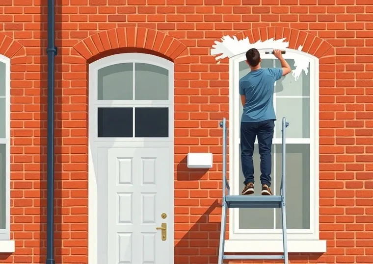 Peintre sur échafaudage traitant la façade d'une maison